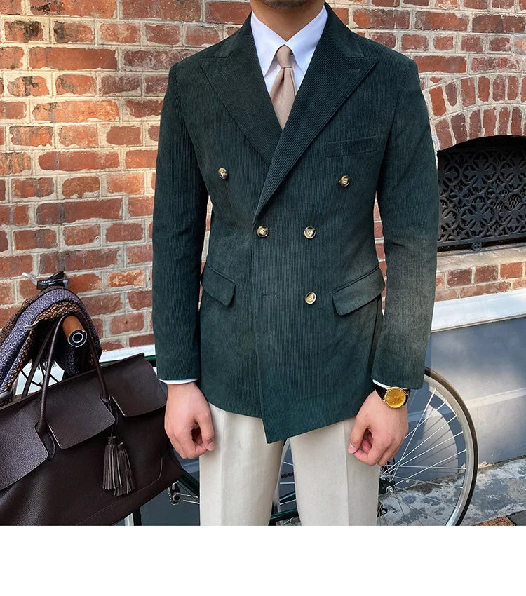 Blazer croisé élégant en velours côtelé bleu pour homme – Veste de costume slim de luxe pour mariages, dîners et événements spéciaux
