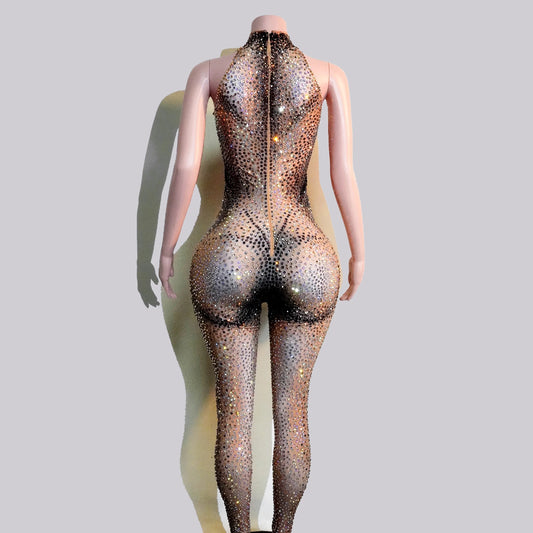 Sparkle Full Rhinestones Brown Jumpsuits Sexy Fake Nude Drag Queen Party GOGO Dance Costume Stage Outfit Festival Show Singer