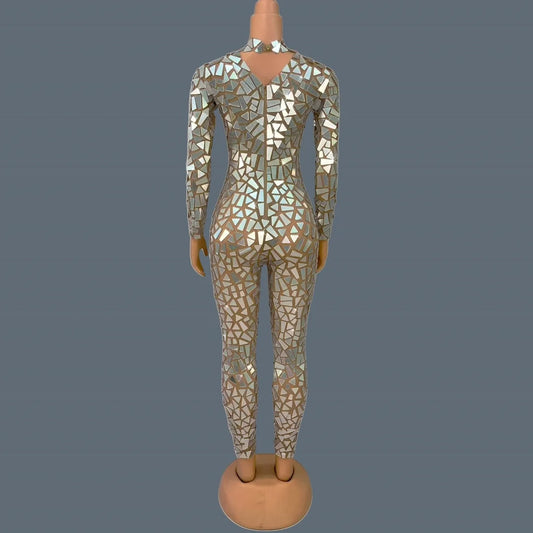 Sparkly Silver Sequins Mirrors Jumpsuit Sexy Women Night Party Stage Performance Wear High-end Tight Fitting Jumpsuit