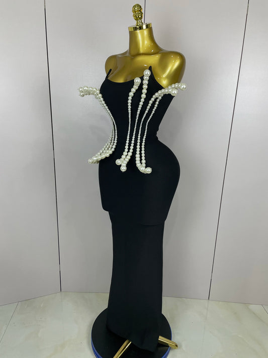 New Sexy Strapless Pearl Beading Bodycon Long Bandage Dress  Women Fashion Elegant Evening Party Luxury Birthday Dresses