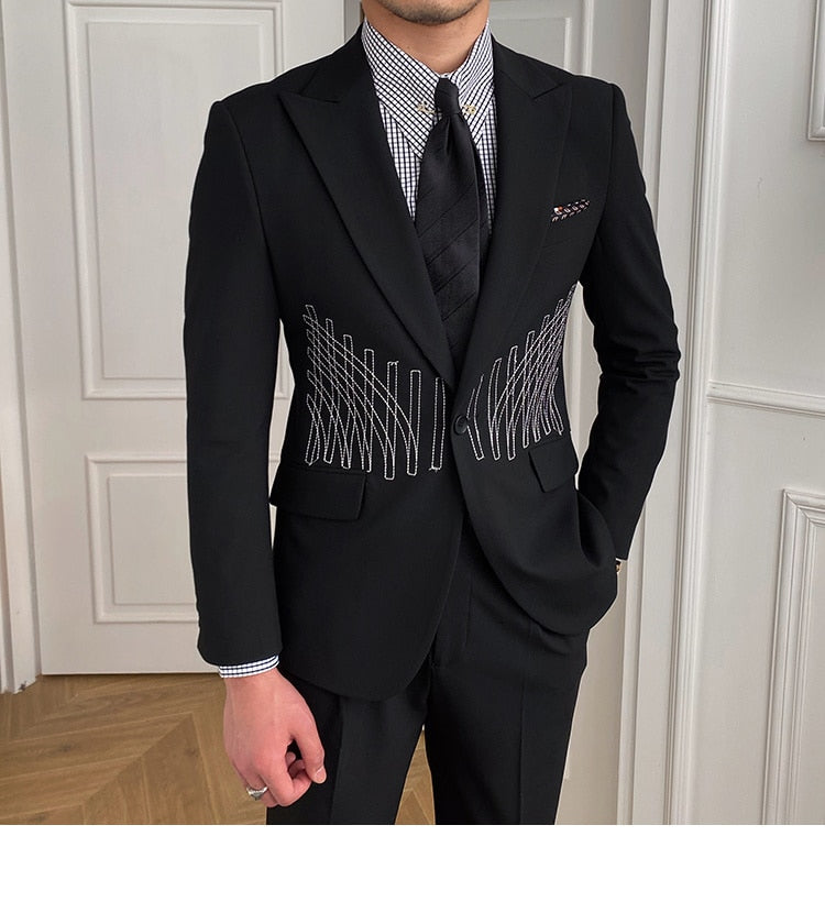 Embroidery Patterns Suit Two Piece Wedding Party Suit Groom Banquet Suit Slim