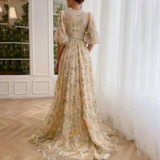 Customized O-Neck Embroidered Flowers Prom Dresses with Puff Half Sleeve Floral Long Evening Dress with Belt for Graduation