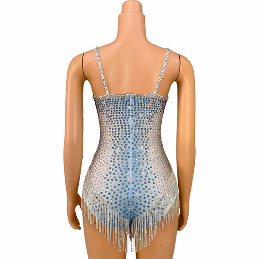 Ropa de moda para actuaciones, de lujo, con diamantes de imitación y cadenas de cristal, escote en V, para fiestas, bailarinas y cantantes, disfraz de escenario.