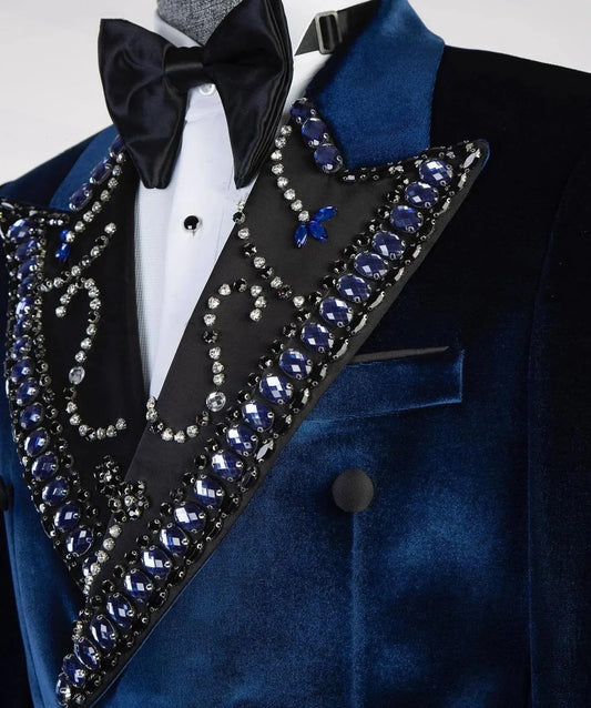 Retro Men's Suit Rhinestone Beaded Blazer Velvet One Piece Peaked Lapel Double Breasted Outfits Coat Customized Only Jacket