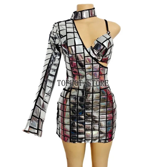 Robe courte à manches simples avec effet miroir laser argenté pour femme, tenue de soirée, de bal, d'anniversaire, de boîte de nuit, de chanteur, de scène 