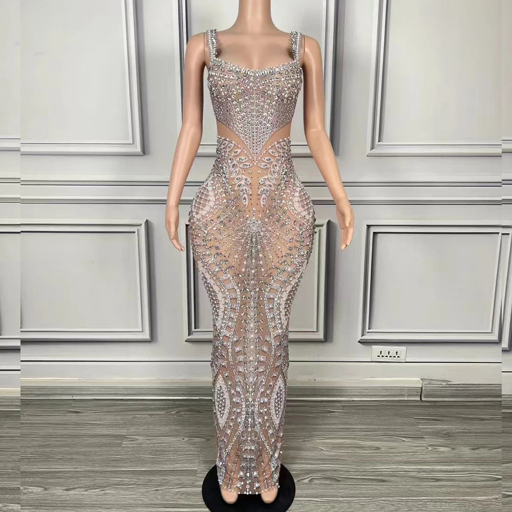 Sparkling Crystals Luxury Women Birthday Evening Dress Sexy See Through Stretch Mesh Party Photoshoot Dress Dance Stage Costume