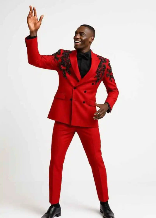 Appliques Classic Wedding Suits For Groom Peaked Lapel Double Breasted Tuxedos 2 Pcs Jacket Pants Evening Party Prom Customized