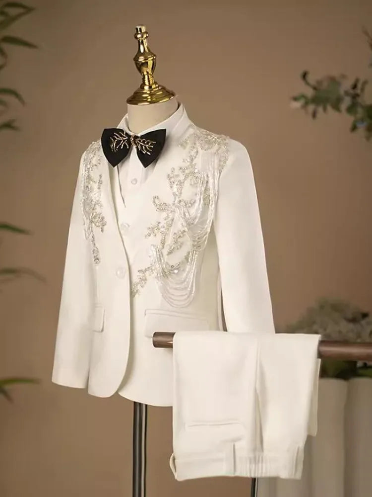 5PCS Children's Host Performance Suit Sequin Design Kids Wedding Birthday Party Evening Gown Boys Catwalk Blazer Sets