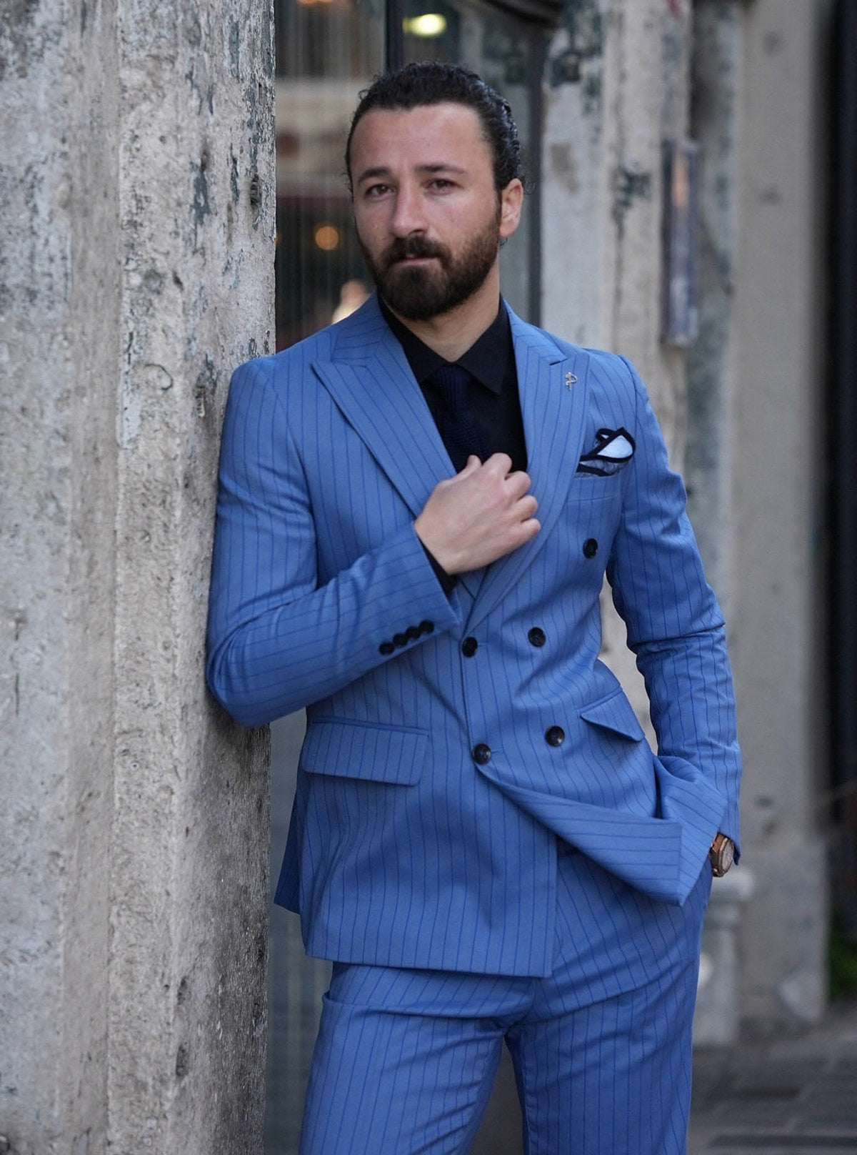 Modern Men's Suit 2 Pieces Blazer Pants Double Breasted Peaked Lapel Business Pinstripes Wedding Groom Tailored Costume Homme