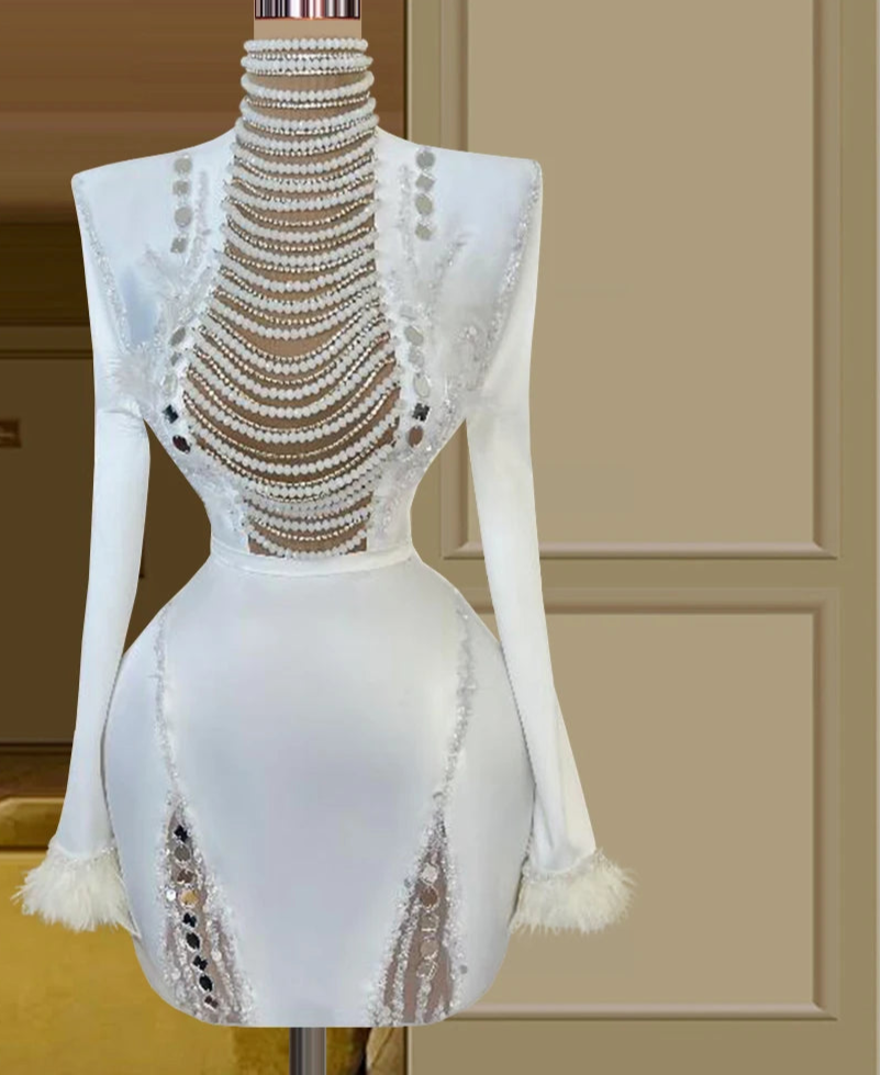 Haute Coutures White Mini Mermaid Cocktail Dresses for Women High Neck Sexy Evening Prom Party Dresses Vestidos