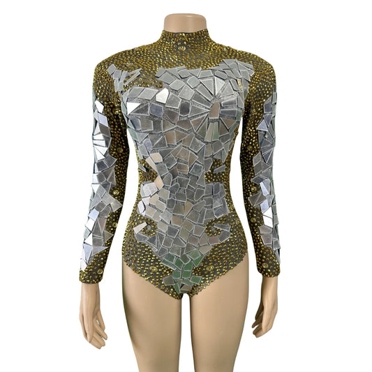 Women Gold Sequin Rhinestone Sparkly Long Sleeve DJ DS Gogo Queen Bodysuits Party Celebrate Rave Show Outfits New Year