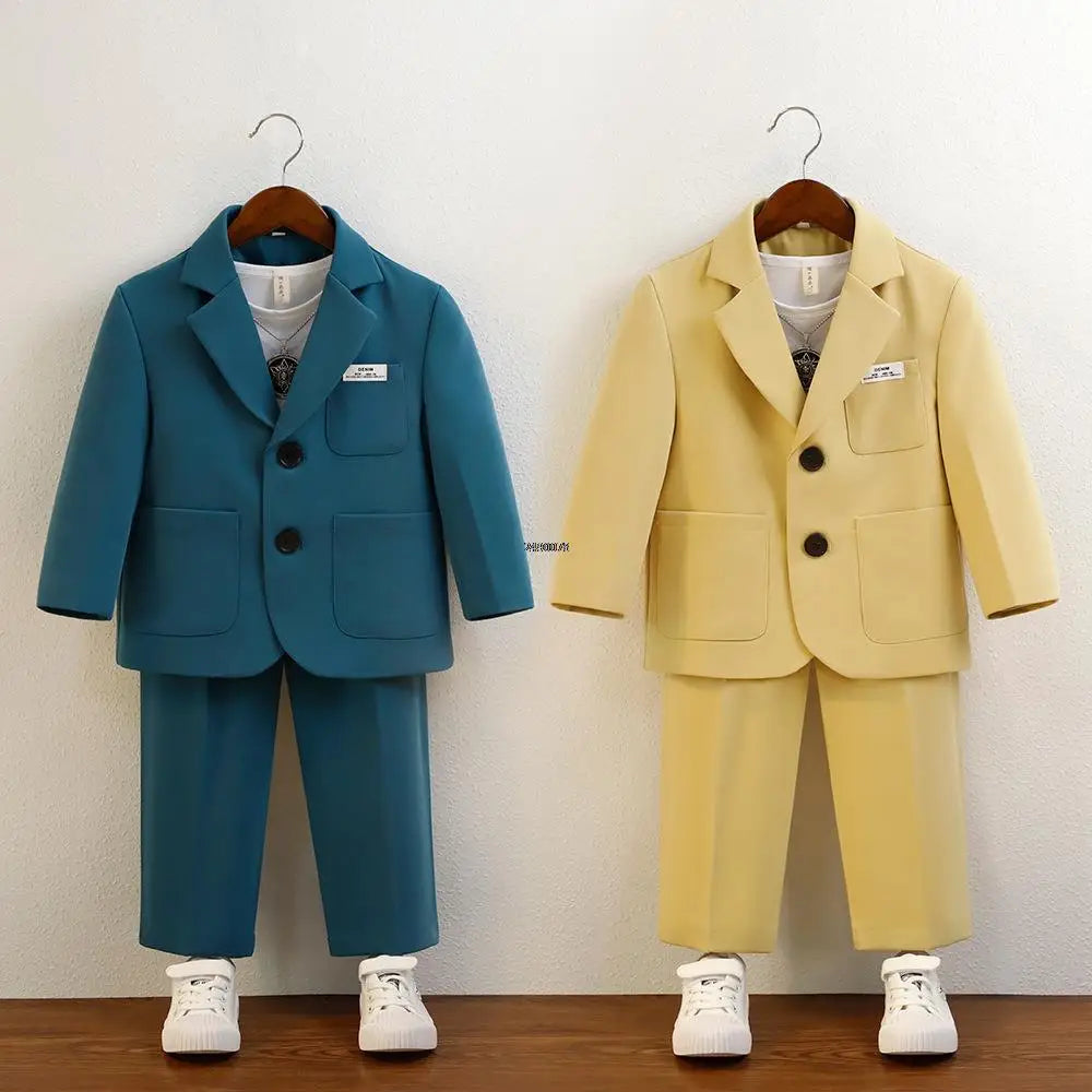 Boys Formal Blazer Suit Set with Trousers and T Shirt Two Piece Outfit for Kids