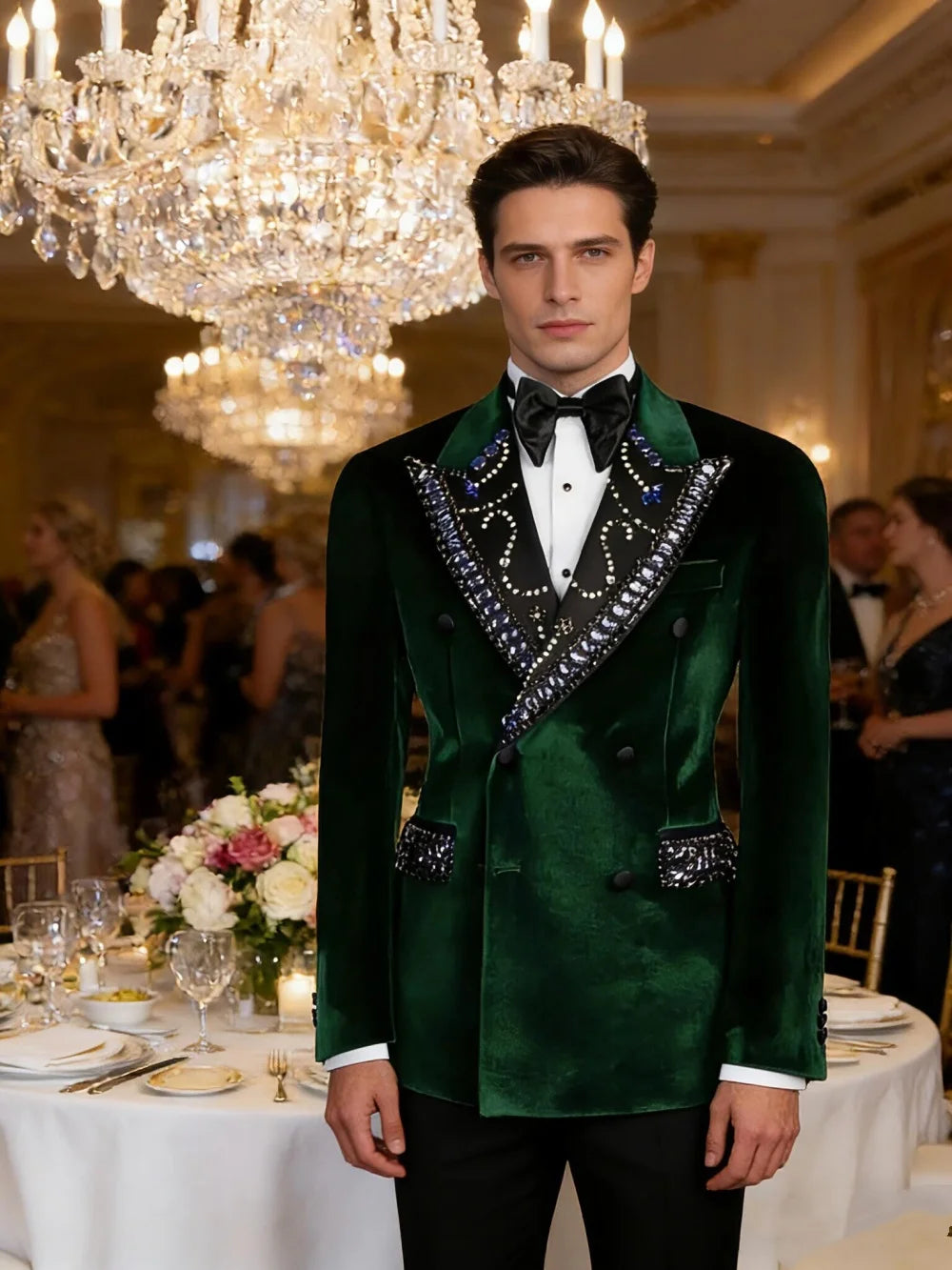 Noble Wedding Tuxedos Velvet 2 Pcs Jacket Pants Groom Suit Royal Crystal Beaded Peaked Lapel Evening Party Outfits Customized