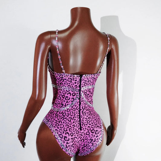 Sparkling Pink Leopard Sequin Stage Costume Women Sleeveless Bodycon Clubwear for Party Dance Performance Night Out