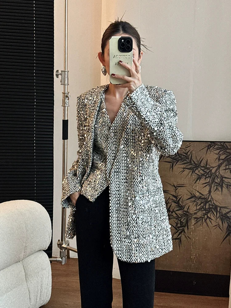 Women Shiny Sequined Tweed Jacket Punk Style Stage Show Mid Long Blazer Suit Coat Loose Fit V Neck Party Outwear Jacket