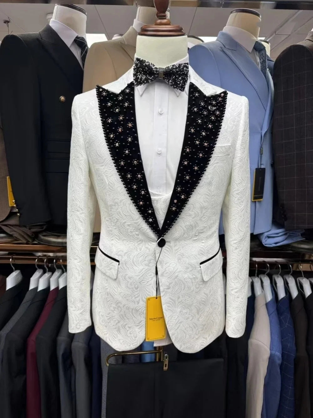 Elegant Men Suits Beading 2 Pieces Set Peaked Lapel Jacket Jacquard Blazer Rhinestone One Button Groom Customized Coat Pants