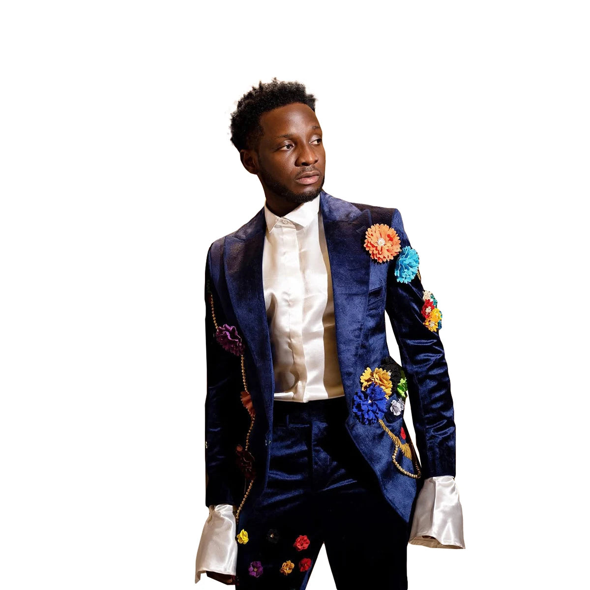 Stylish Men Suits Flowers Tailor-Made 2 Pieces Peaked Lapel Jacket Blazer Tassel Velvet Evening Party Customized Coat Pants