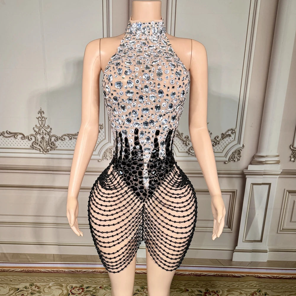 Sparkly Crystals Beads Short Dress Women Sexy Backless Mesh See Through Evening Prom Celebrate Birthday Dress Photo Shoot Wear