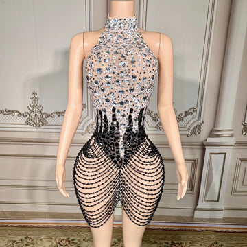 Sparkly Crystals Beads Short Dress Women Sexy Backless Mesh See Through Evening Prom Celebrate Birthday Dress Photo Shoot Wear