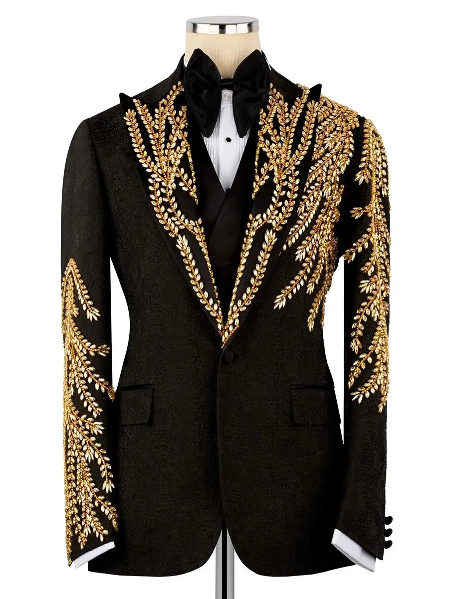 Luxury Men Suit Jacquard 2-Piece Blazer Single Breasted Jacket Beaded Slim Fit Wedding Tuxedo Groom Prom Customized