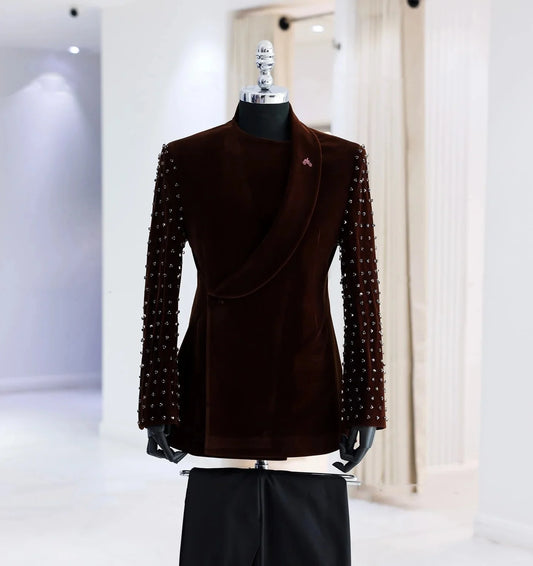 Men Suits Vintage Shawl Lapel Rhinestone Tailor-Made 2 Pieces Set Jacket Velvet Double Breasted Blazer Customized Coat Pants