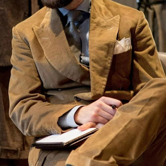 Khaki Corduroy Men'S Suit Jacket Pants Thick Winter Wear Blazer Trousers 2pcs Jacket Pants Wedding