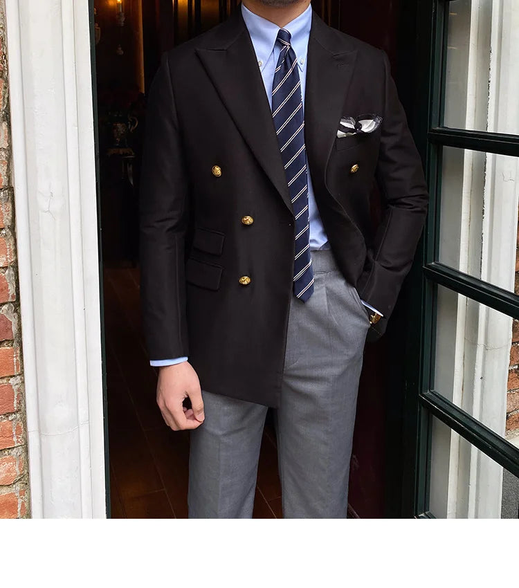 Blazer de estilo británico para hombre, traje ajustado de dos piezas con doble botonadura, color liso, informal y moderno.