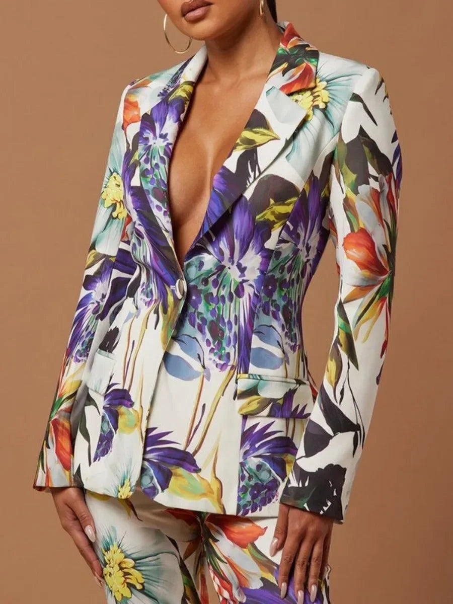 Female Lapel Blazer Suit Jackets New Fashion Floral Printed Long Sleeve Single-button Casual Outerwears