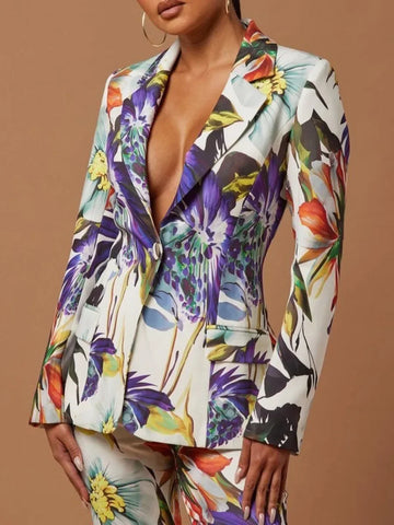 Female Lapel Blazer Suit Jackets New Fashion Floral Printed Long Sleeve Single-button Casual Outerwears