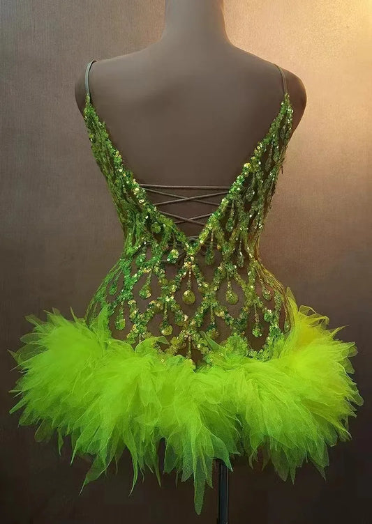 Fluorescent Yellow Rhinstone Mesh Tube Top Evening Dress Sing Gala Elegant Women Party Birthday Special Ocassion Sexy Costume