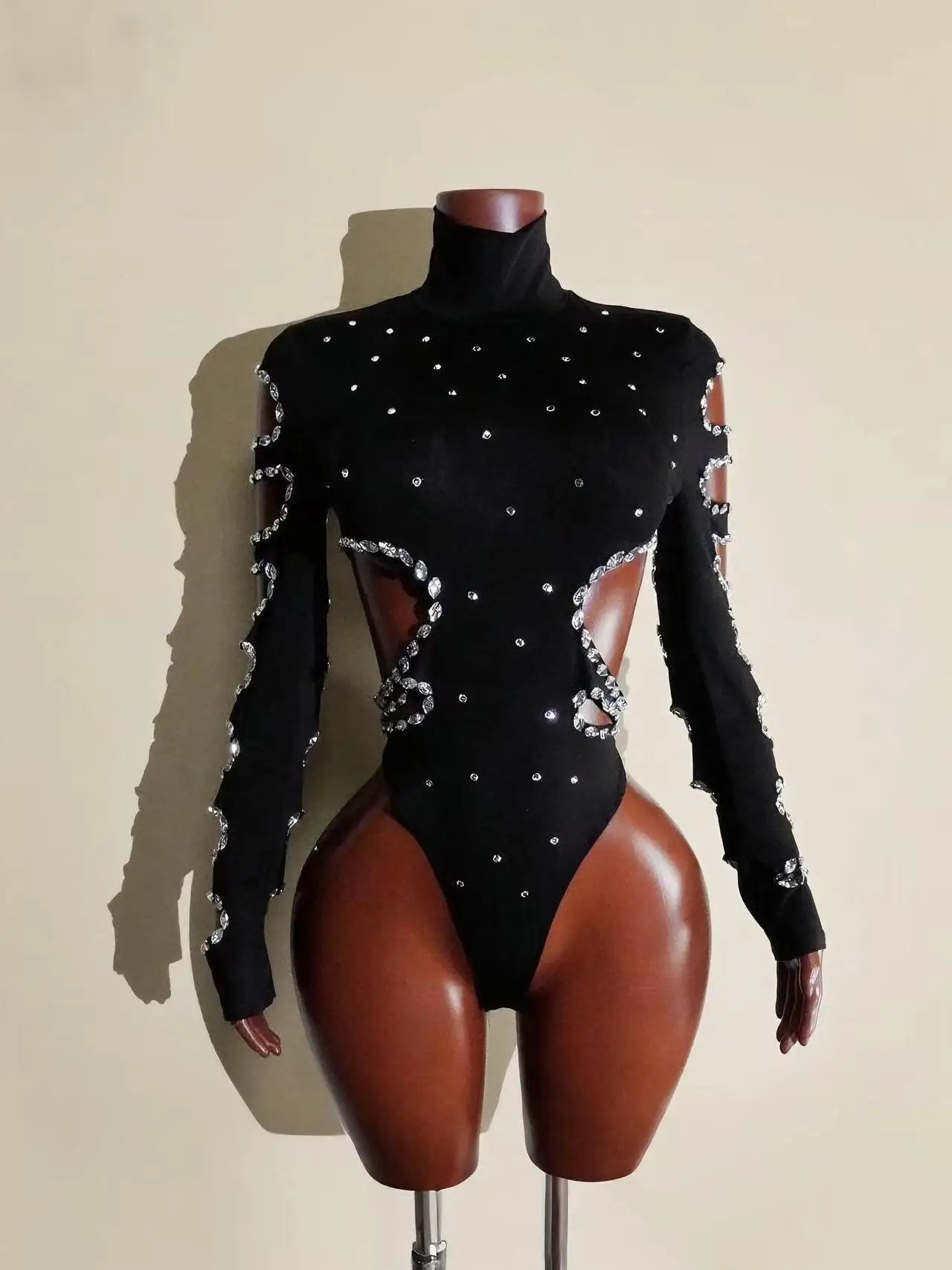 Sexy Hollowed Out Design Black Sparkling Rhinestones Party Bar Dancer Singer Stage Accessories Bodysuit Performance Stage Wear