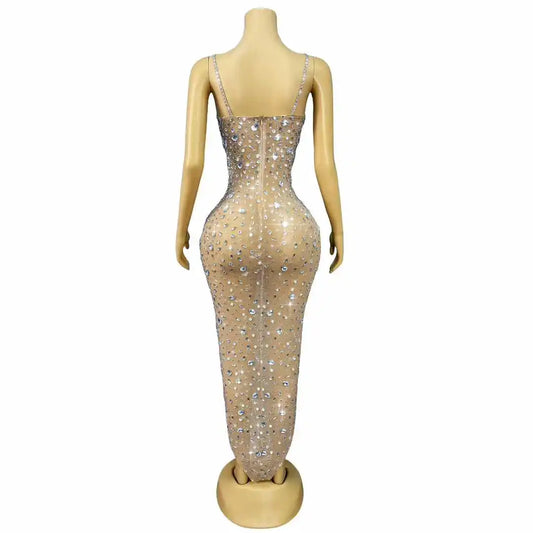 Luxury Flashing Rhinestones Sexy Nude Mesh Suspenders Dress Women Birthday Evening Cocktail Party Gown Red Carpet Stage Wear