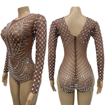 Sparkly Rhinestone Brown Mesh Bodysuits Women Crystal Catsuit Party Singer Stage Performance Costume Club Sexy Outfit