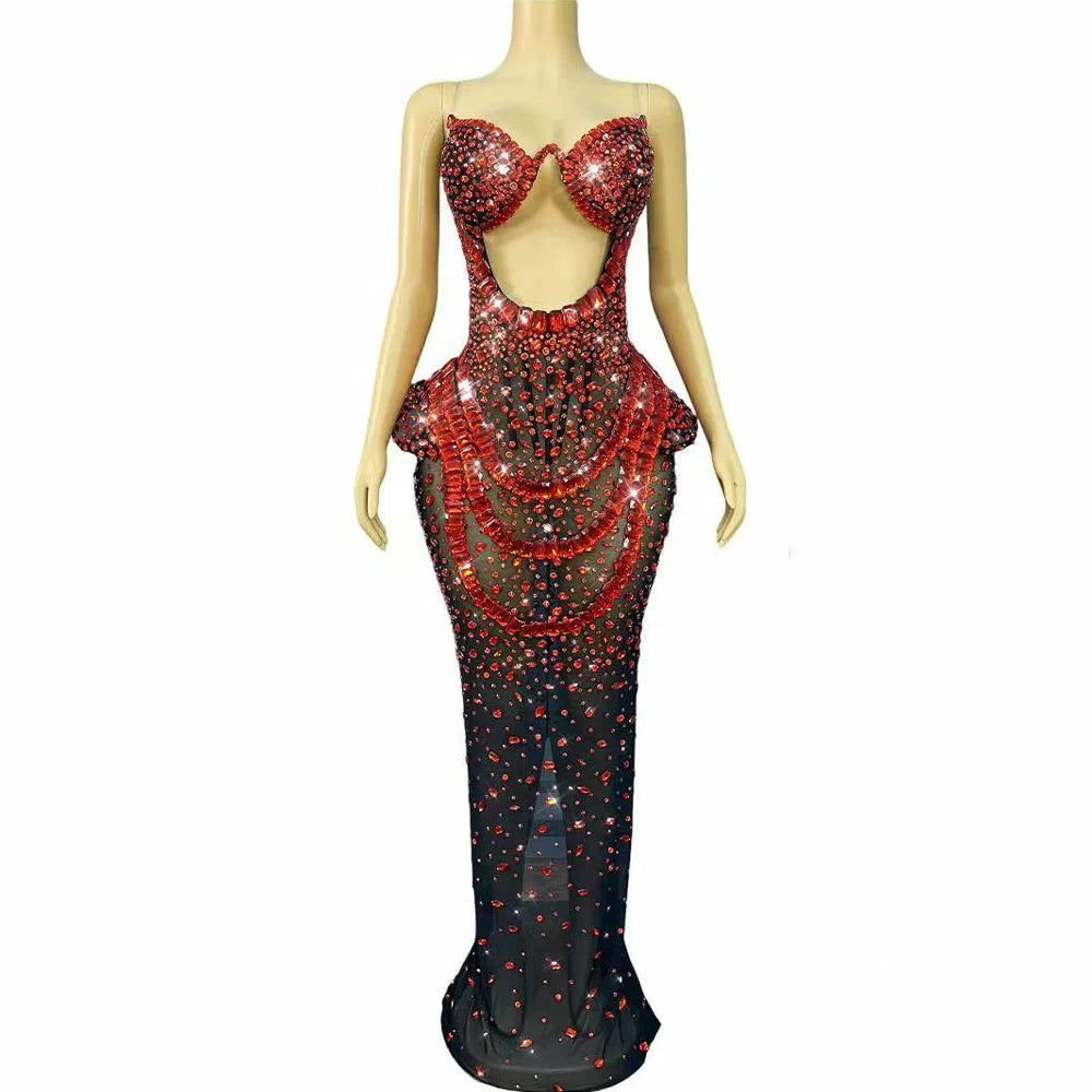 Sexy Strapless Cutout Crystal Maxi Dress Rhinestones Transparent Mesh Dress Women Evening Prom Gown Red carpet Show Stage Wear