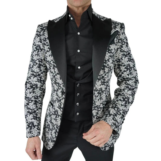 3-Piece Classic Style Men's Formal Suits Floral Peaked Lapel Jacket Vest Pants Groom Tuxedos Slim Fit Business Men Suits