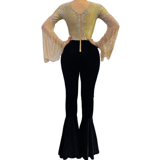 Women High-end Sheer Mesh Velvet Bell-bottoms Sparkly Rhinestone Sexy Jumpsuit Club Celebrate Party Stage Show Outfit