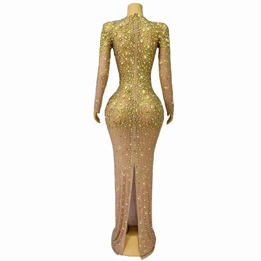 Sexy Stage Elegant Luxury Evening Shining Gold Rhinestones Dress Women Cocktail Party Gowns Birthday Stage Photoshoot Costume