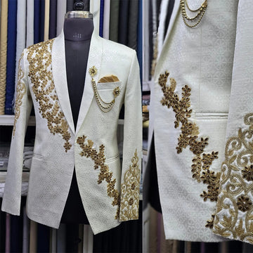 Stylish Men Suits Shawl Lapel Jacquard 2 Pieces Set Tailor-Made Jacket Beading Blazer One Button Groom Customized Coat Pants