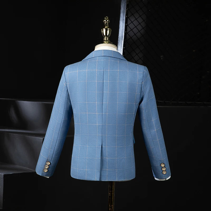 Boys Blue Plaid Three Piece Suit with Bow Tie and Chain Decor