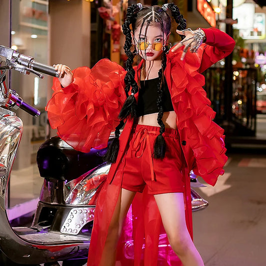 Children'S Street Dancewear Kids Hip Hop Clothing Red Coat Yarn Skirt for Girls Jazz Dance Costume Stage Catwalk Outfit
