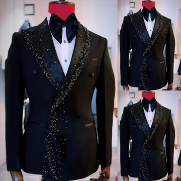 Elegant Men's Suit Peaked Shawl Lapel Tailor-Made 1 Piece Jacket Beading Pearls Blazer Double Breasted Customized Only Coat