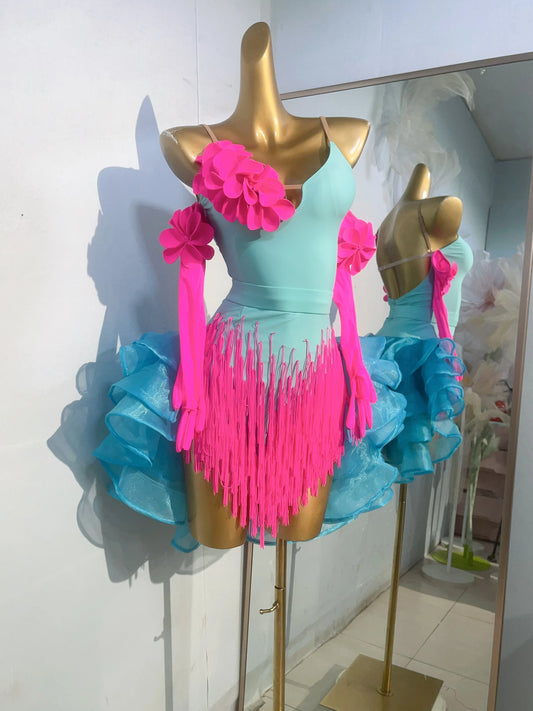Latin Dance Costume, Rhinestone Women's Clothing, High-end Custom Splicing Color, Blooming Flower Dress, Samba Performance Dress