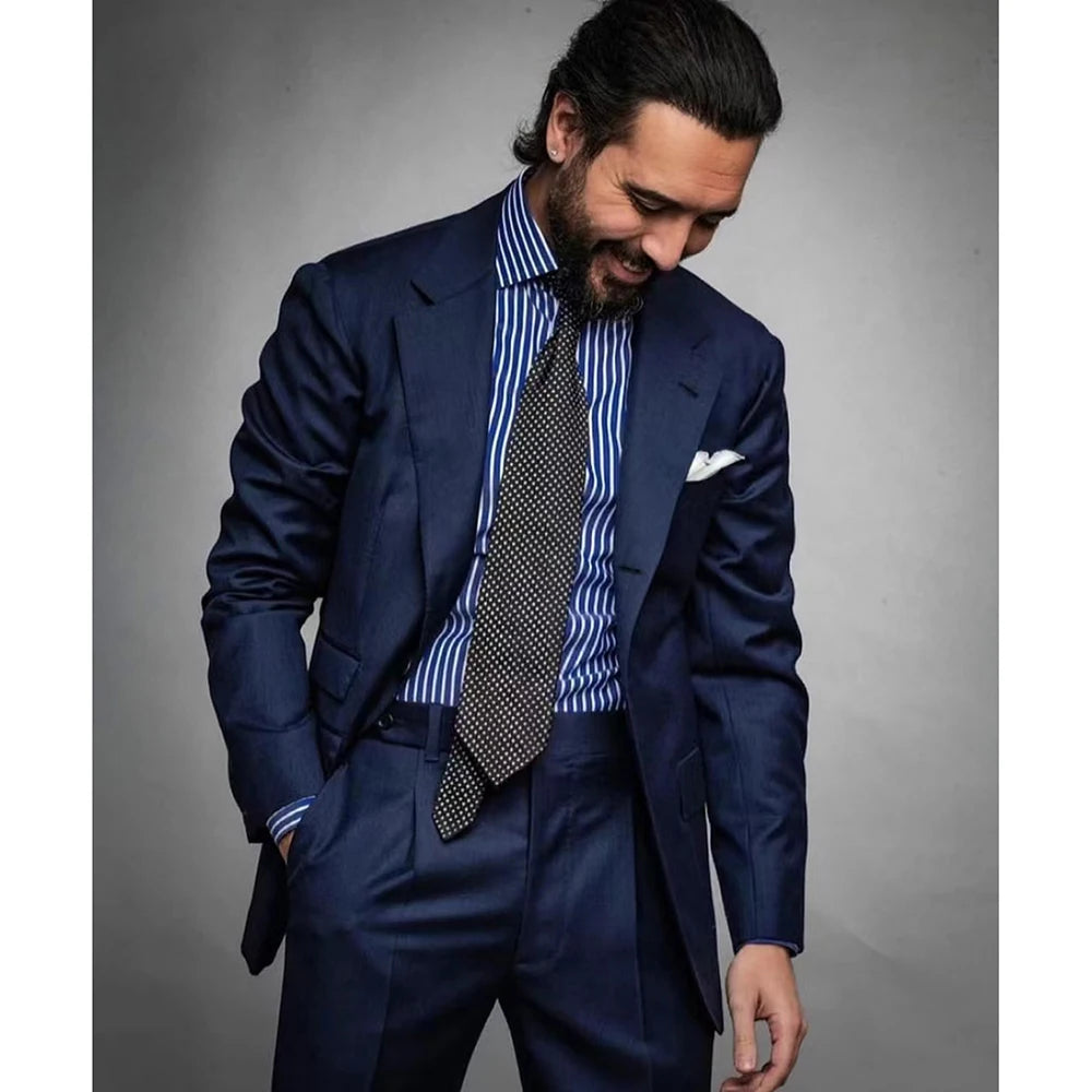 Fashion Men Suits Navy Blue Notched Lapel Smart Casual Outfits Formal Fashion Slim 2 Piece Set Jacket Pants