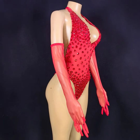 Body sexy con cristales y diamantes de imitación rojos para mujer, con guantes y mangas, para discoteca, bar, bailarina, conjunto de pantalones cortos, atuendo para actuación en el escenario