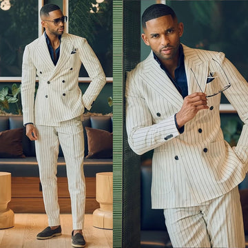 Fashion Men Suits Peaked Lapel Stripe Blazer Tailor-Made 2 Pieces Set Jacket Double Breasted Groom Customized Coat Pants