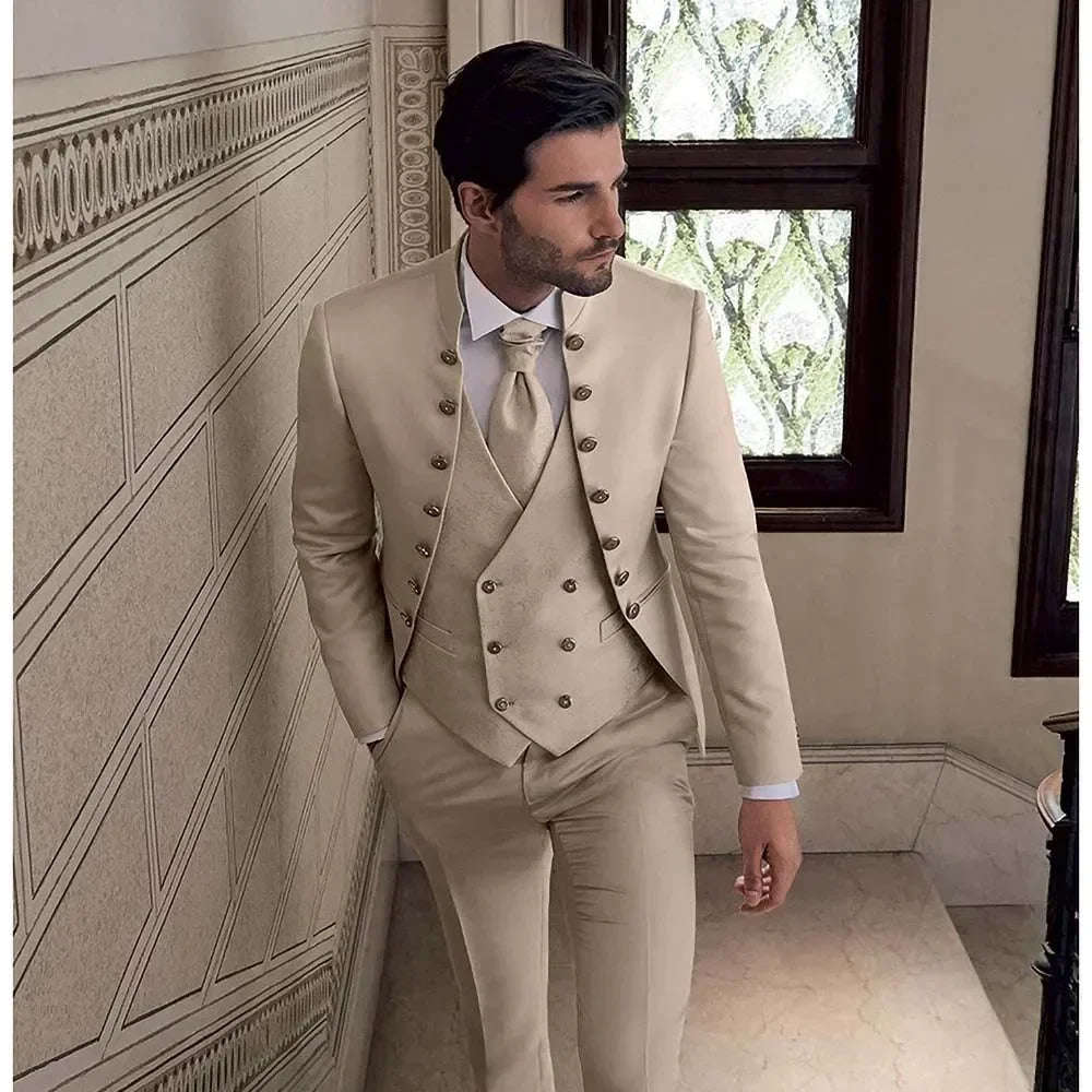 Trajes beige para hombre, 3 piezas, cuello alto, doble botonadura, corte entallado, informal, formal, elegante, para novio, boda, esmoquin
