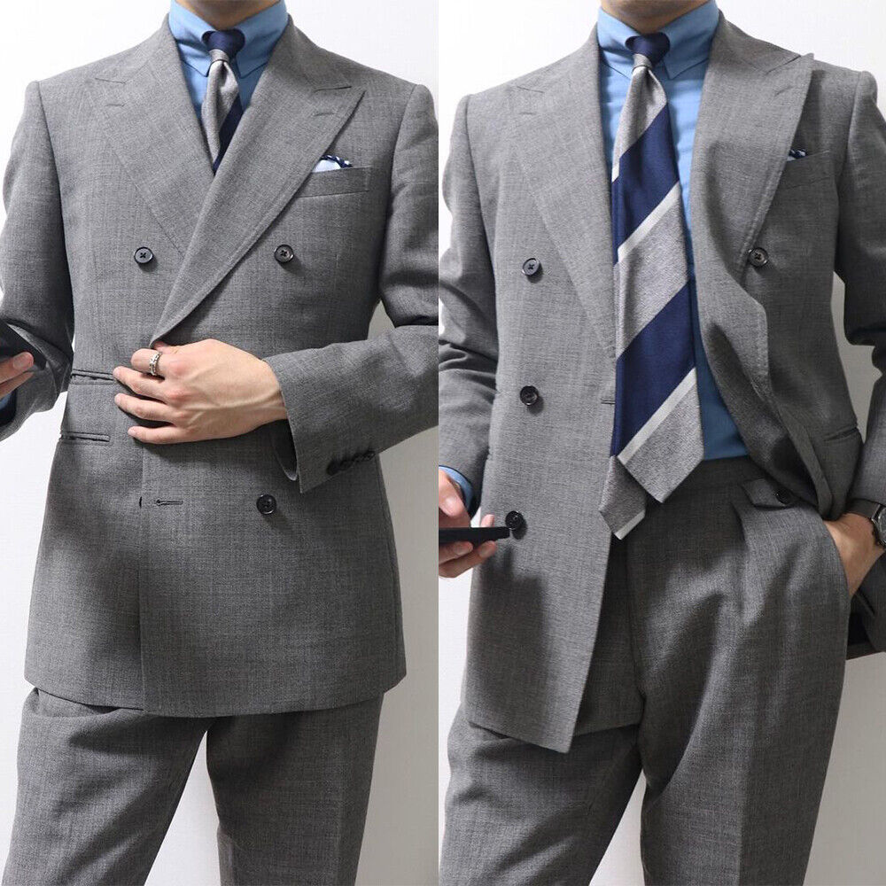 Costume gris pour homme, croisé, revers pointus, veste, pantalon, smoking de marié, sur mesure