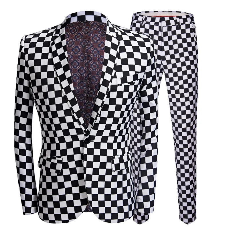 Vestido con estampado de cuadros en blanco y negro para hombre, traje informal, abrigo, presentador, peluquero, flores 