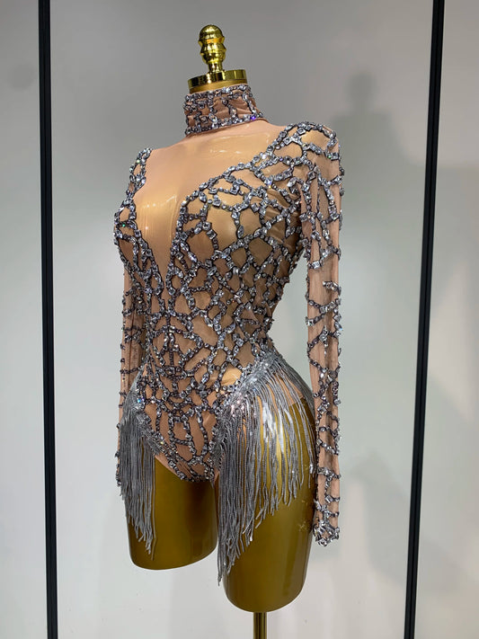 Shining Diamond Tassel Bodysuit Nightclub Stage Tight Mesh Long Sleeved Nightclub Singer Performance Costume