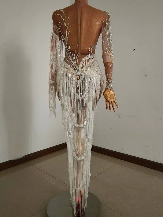 Sparkly Rhinestones Sequins Fringes Birthday Celebrate Evening Dress Women Sexy Mesh Transparent Dance Photoshoot Stage Wear